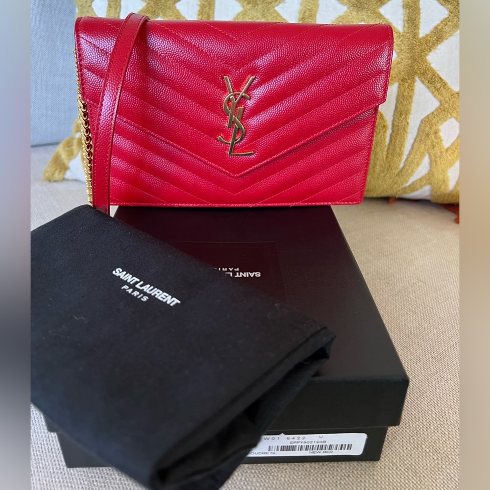 Yves st Laurent red with gold hardware Cassandra wallet on a chain